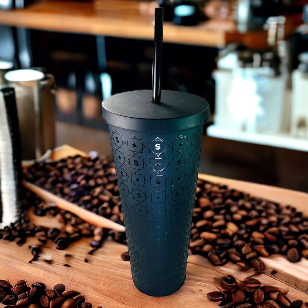 STARBUCKS Navy Blue Matte S and Star Tumbler Cold Cup HTF 2017 with Straw Venti